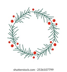Simple festive wreath design featuring green pine branches and red berries for holiday decoration