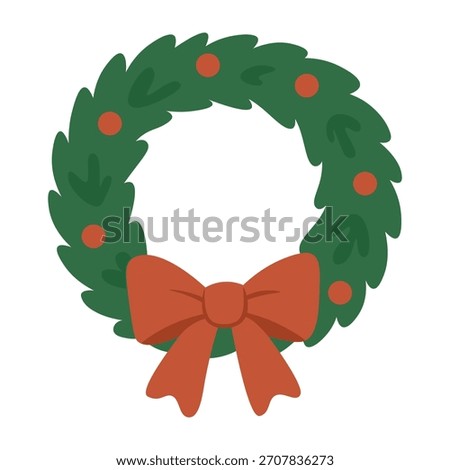 Simple festive wreath with red bow and berries, flat green design for holiday decoration.