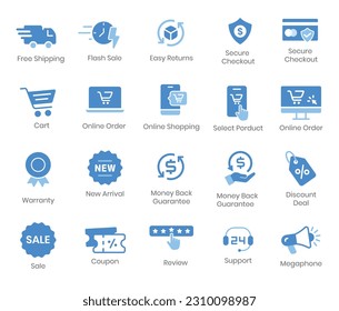 Simple fill color ecommerce management web icon set with free shipping, flash sale, easy returns, secure checkout, shopping, support, money back and more. Vector illustration.