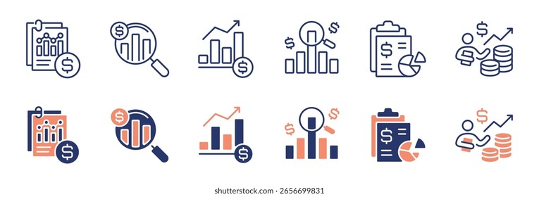 ícone de análise de relatório financeiro simples conjunto de linhas negócio ganho gráfico de crescimento análise de barras sinais de desempenho vetor dinheiro financeiro gerenciamento de contabilidade prancheta símbolo ilustração
