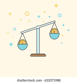 Simple Business and  Finance Vector Flat Icon. Classic scales of two currencies dollar and euro. Flat style icon. 
