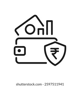 Simple financial icon – wallet, rupee sign, growth chart, and shield in minimalist stroke style