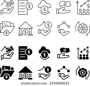 A simple financial service icon set featuring banking, investment, and economic symbols. Includes money transfer, credit card, savings, stock market, insurance, and cryptocurrency icons.