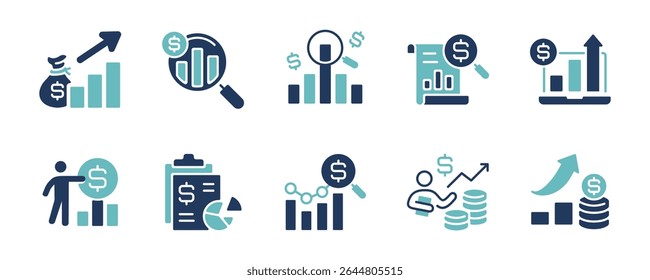 Sencillo informe de seguimiento financiero Conjunto de iconos Crecimiento de la inversión comercial Gráfico de beneficios Signos Ilustración vectorial Análisis de saldo contable Información Registro Diseño de símbolos