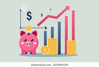 Simple financial vector illustration featuring a pink piggy bank, gold coins, and a growth line graph. Perfect for financial and business-related projects.
