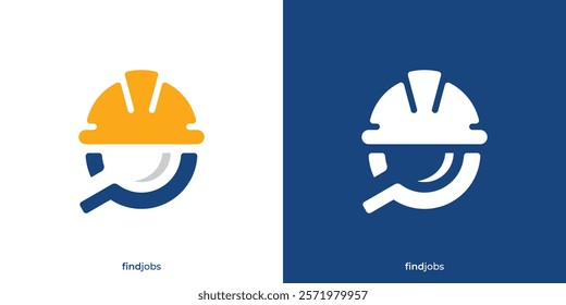 Simple Find Jobs Logo. Magnifying Glass and Construction Helmet Graphic Icons. Creative Search Work Logo Design Template.