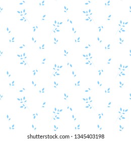 Simple, fine, airy, seamless vector pattern: blue branches with leaves isolated on white background