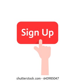 simple finger presses on sign up button isolated on white. concept of membership form ui on web site or webpage for member and on-line check in. flat style trend modern logo graphic design