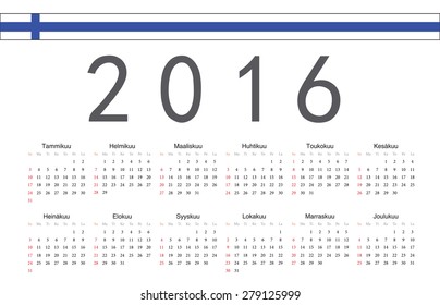 Simple Finnish 2016 year vector calendar. Week starts from Sunday.