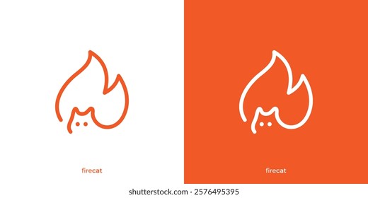 Simple Fire Cat Logo. Abstract Cat and Fire Flame Graphic Icons. Pet Logo Design Template.