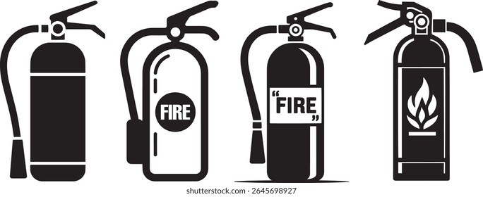 Simple Fire Extinguisher Icons Set for Safety, Four black and white fire extinguisher icons,