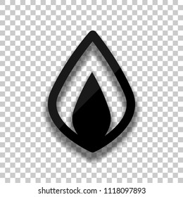 Simple fire flame icon. Black glass icon with soft shadow on transparent background