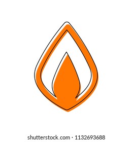 Simple fire flame icon. Isolated icon consisting of black thin contour and orange moved filling on different layers. White background