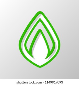 Simple fire flame icon. Paper style. Cut symbol with green bold contour on shape and simple shadow