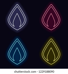 Simple fire flame icon. Set of neon sign. Casino style on dark background.