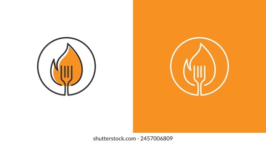 Simple Fire Food Logo. Fire, Flame with Spatula, Fork with Linear Outline Style. Food Logo Icon Symbol Vector Design Inspiration.