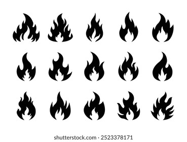 Coleção de ícones de fogo simples. Ilustração de vetor de estilo plano de símbolo de chama de fogo. Elemento de projeto do sinal quente do perigo da fogueira da fogueira.