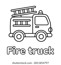 Simple fire truck coloring page for toddlers. Cute emergency rescue vehicle with ladder vector line art illustration with bold outlines and text for kids vocabulary learning.
