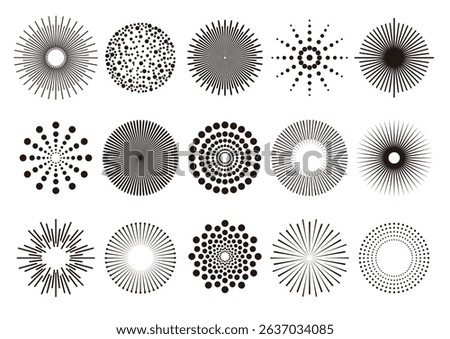 Simple fireworks icon set. Vector illustration. Black design on white background. Collection of 15 types.
