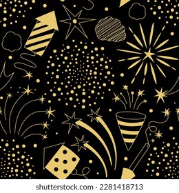 Simple fireworks seamless pattern. Black background and golden yellow vector fireworks. Festive elements. Template for web design, wrapping paper, congratulation banner, poster and holiday decoration.