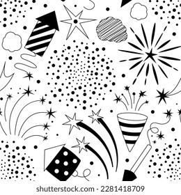 Simple fireworks seamless pattern. No background and black vector fireworks. Festive elements. Template for web design, wrapping paper, fest, congratulation banner, poster and holiday decoration.