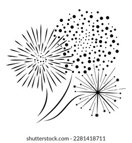 Aparecen fuegos artificiales simples. Juego de fuegos artificiales vectores en blanco y negro. Elementos aislados. Conjunto de plantillas de stickers para diseño web, decoración festiva y festiva, afiche de felicitación.