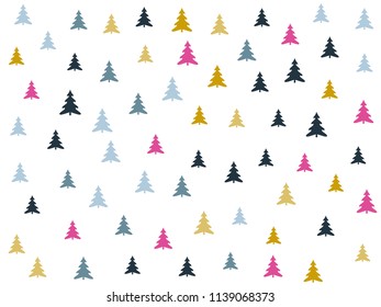 Simple firs landscape for christmas card background. Forest panorama with pink gold blue christmas trees vector landscape illustration. Christmas background design with fir trees, spruce silhouettes.