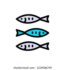 Simple fish flat icon. Stroke color pictogram set. Sardines, sprat, anchovy or iwashi concept. Vector colored illustration isolated on a white background. Vector sign for mobile app and web sites.