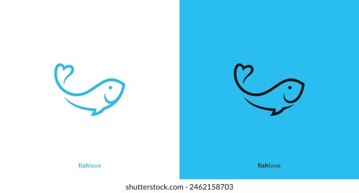 Simple Fish Love Logo Design. Fish and Abstract Heart Shape on Tail. Logo Suitable for Fishing Shops or Seafood Restaurants and Others.