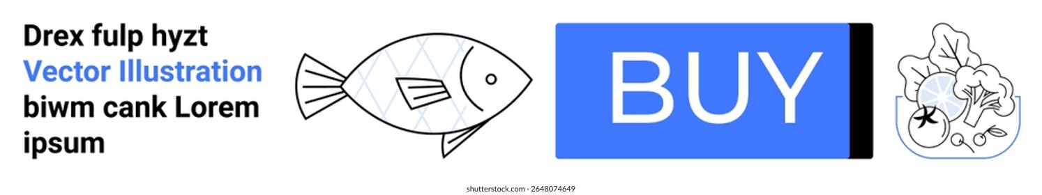 Simples contorno de peixe, retangular azul botão Comprar, ilustração de coral detalhada. Ideal para e-commerce, lojas marinhas, compras on-line, botões de chamada para ação, web design, interface do usuário, aquático