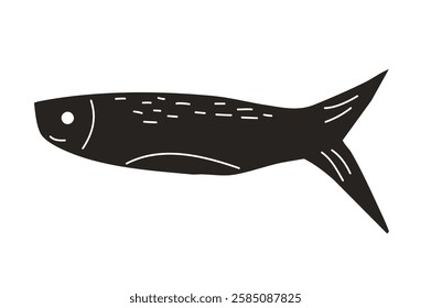 Simple fish. Sardine textured element. Salmon or anchovy silhouettes. Undersea animal. Vector hand drawn cutout collage illustration isolated on white background.