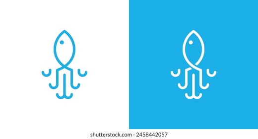 Simple Fish Squid Logo. Abstract Fish and Octopus, Squid Tentacles with Linear Outline Style.