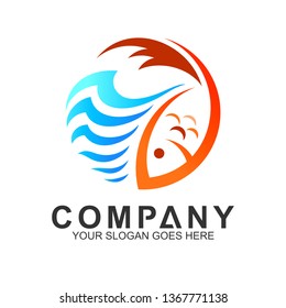 simple fish with wave shape logo design template,fishing vector logo