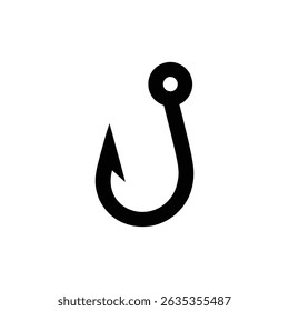 Simple fishing hook illustration showing a curved shape with a sharp point, rendered in black on a transparent background. Minimalist and monochrome.