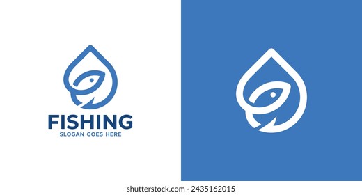 Simple Fishing Logo. Water Drop and Hook Eye Fish Hunter Logo Design Template.