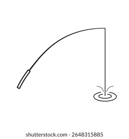 Simple fishing rod with line dipping into water, ideal for outdoor hobby visuals, angling tutorials, camping graphics, sport fishing guides, or nature-themed designs.