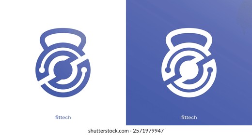 Simple Fit Tech Logo. Dumbbell and Circuit Dot Connect Icon Graphic. Fitness Technology Logo Design Template.