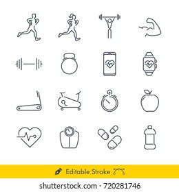 Simple Fitness Icons / Vectors Set - In Line / Stroke Design with Editable Stroke