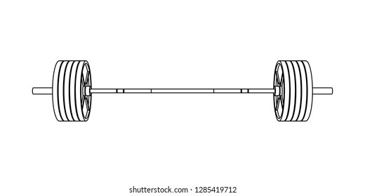 Simple fitness line art front view vector of an olympic barbell with steel plates on white background.