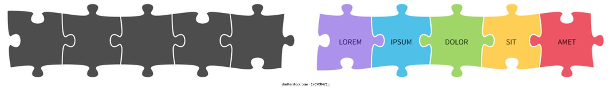 Simple five connected jigsaw puzzle pieces illustration, gray and colour version