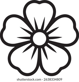 Simple Five Petal Flower Outline with Central Circle and Rays