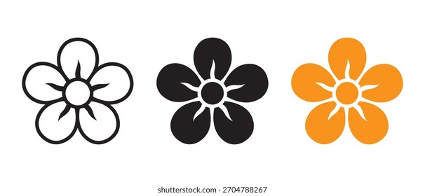 Iconos simples del vector de la flor de cinco pétalos. contorno, negro, naranja sobre fondo blanco.