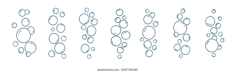 Burbujas efervescentes simples. Brilla bajo la corriente del agua en el agua. Textura de burbujas de oxígeno efervescentes. Abstractas burbujas de refrescos frescos en el estilo doodle. 