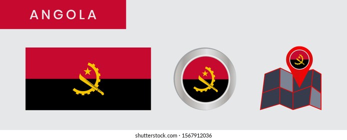 The simple flag of Angola is isolated in official colors (red, black, blue and white) with the sun, map pin, as the original