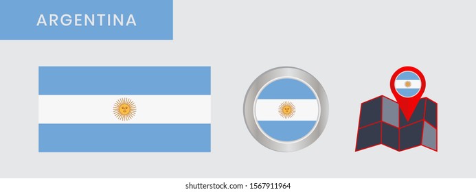 The simple flag of Argentina is isolated in official colors (red, black, blue and white) with the sun, map pin, as the original