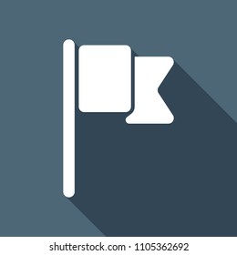 Simple flag icon. White flat icon with long shadow on background