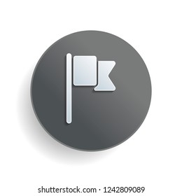 Simple flag icon. White paper symbol on gray round button or badge with shadow
