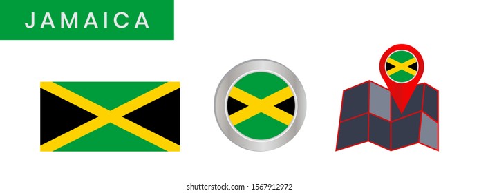 The simple flag of Jamaica is isolated in official colors (green,black and yellow), map pin, as the original