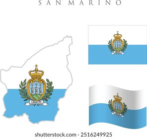 Bandeira simples e mapa de San Marino. Corrija o tamanho, a proporção e as cores. Mapa de San Marino com bandeira nacional. Ilustração de vetor