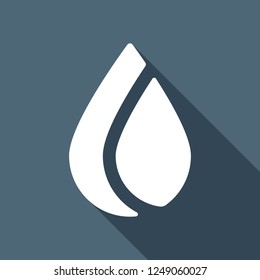Simple flame. Nature icon. White flat icon with long shadow on blue background